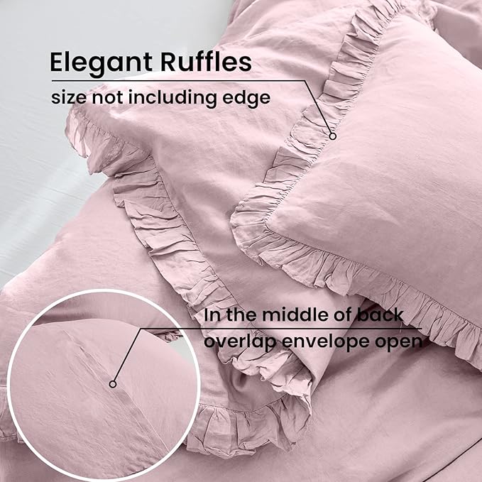 100% French Linen Euro Shams with Ruffles - Set of 2 - Washed Solid Color Natural Flax Soft Breathable Pillow Covers - Pink, 26'' x 26''
