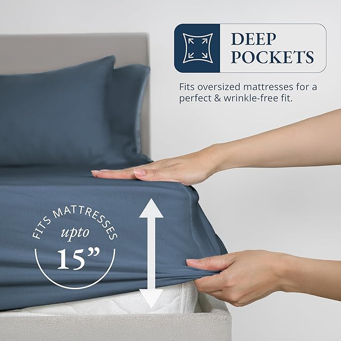 LANE LINEN 100% Organic Cotton Fitted Sheet Twin Size Set (No Flat Sheet) - Soft & Breathable Percale Weave Fitted Sheet Set - 15'' Deep Pocket For Snug Fit - GOTS Certified - Navy