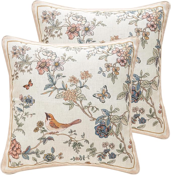 ISAENNE Design Square Floral Bird Linen Throw Pillow Covers 18"x18" Pack of 2, Yellow Pink Cushion Covers with Flower Chinese Hwamei Decor Pillowcases for Bed,Living Room,Outdoor,Car