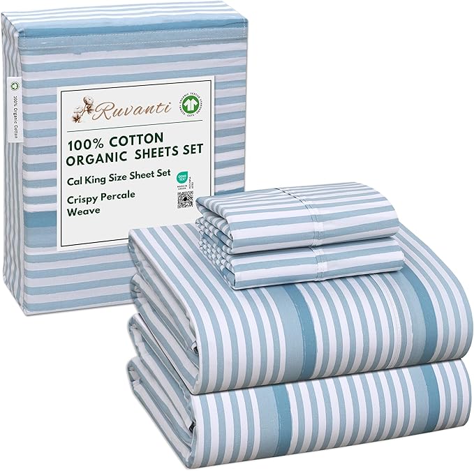 RUVANTI 100% Cotton Organic Percale Sheets Cal King Size – Crisp Cooling Bed Sheets for Hot Sleepers, Deep Pocket 13”, Soft Peach Finish, Breathable & Durable Hotel-Style 4 Pcs, Nautical Stripes