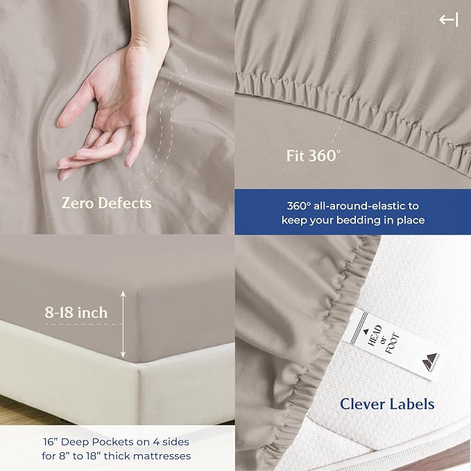 Mayfair Linen 100% Organic Cotton Percale Weave Fitted Sheet Queen Size, Taupe, 1 Deep Pocket Queen Fitted Sheet, Fits Mattress Upto 16" Crisp and Cool Bed Linen, Luxury GOTS Certified Sheets