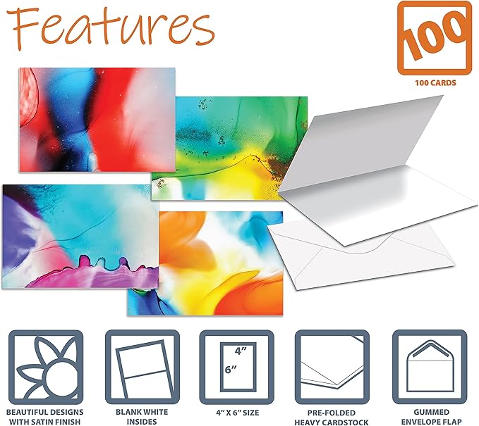 Better Office Products 100-Pack All Occasion Greeting Cards, Modern Art Designs, Assorted Blank Note Cards, 4 x 6 inch, 6 Exclusive Alcohol Ink Abstract Designs, Blank Inside, with Envelopes