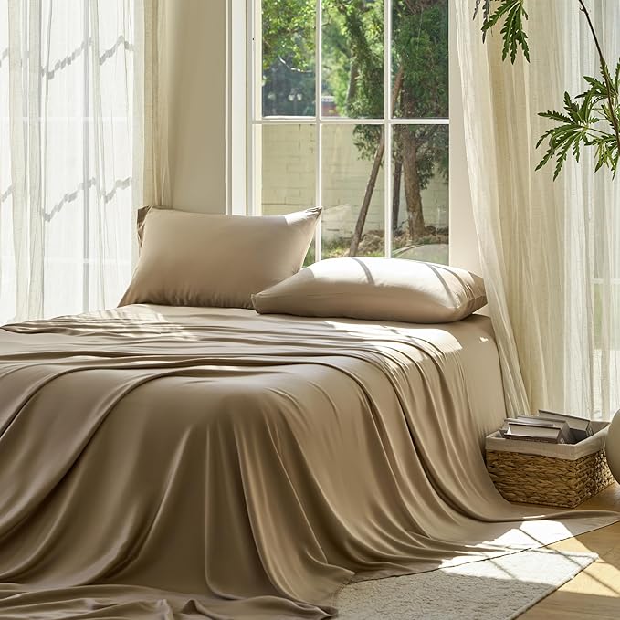 DOZ Sheet Set, 100% Viscose derived from Bamboo, Organically Grown, Buttery Soft, Cooling Sheets, High GSM, Deep Pockets - 4 Piece - 2 Pillowcases 1 Fitted Sheet 1 Top Sheet (Dune, King)
