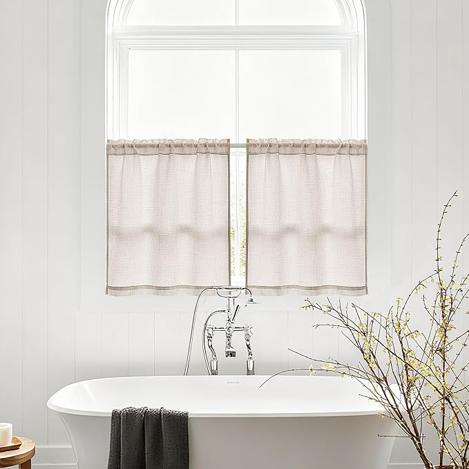 2 Panels 24 Inch RV Curtains for Camper Windows, Linen Light Coffee Beige Tan Privacy Short Curtains Semi Sheer Light Filtering Rod Pocket Small Window Drapes for Basement Bathroom W34xL24