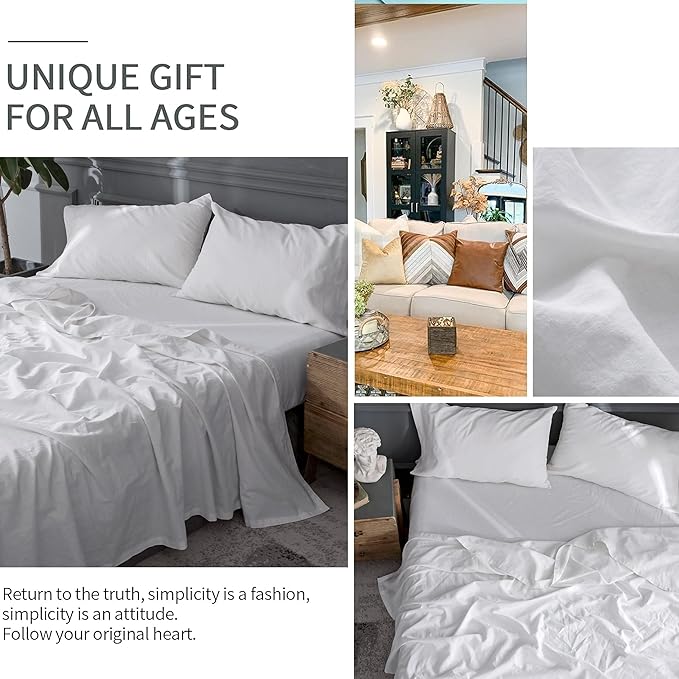 BISELINA Linen Sheet French Flax Flat Sheet Only 55% Euro Linen 45% Cotton Basic Style Solid Color Soft Breathable Farmhouse Top Sheet 1-Piece (Queen, White)