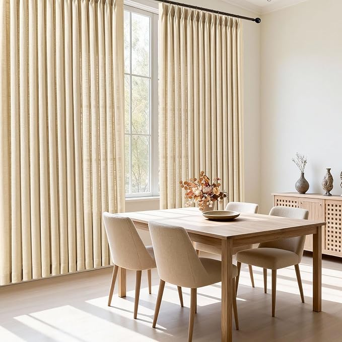 IVAPUPU Pinch Pleated Curtains 90 Inch Long for Living Room, Light Filtering Privacy Linen Curtain Extra Wide Semi Sheer Drapes Back Tab with Hooks Rings for Bedroom, 70Wx90L, Sand Beige, 1 Panel