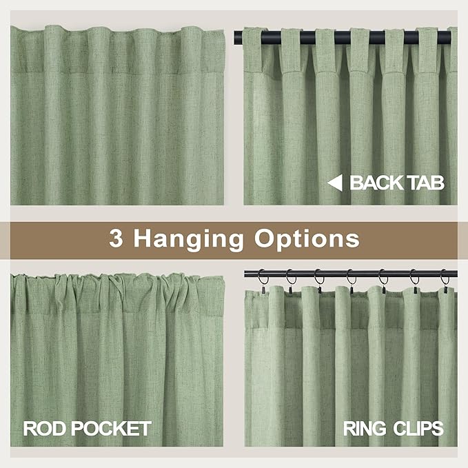 Christmas Sage Green Curtains 108 Inches Long for Living Room 2 Panels Set Back Tab Loop Pocket Linen Drapse Earth Soft Cotton Textured Light Green Sheer Curtains for Large Windows Vertical 9 FT Tall