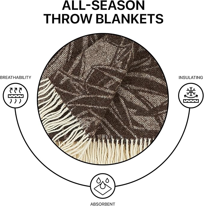 | Wool Blanket/Throw | 100% New Zealand Wool | Perfect for Home and Outdoors | Virgin Wool Blanket with Fringes 55"x79" (140 x 200 cm) (Brown Leaves)
