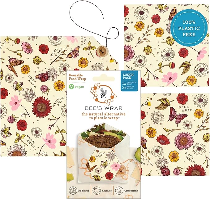 Bee's Wrap Vegan Beeswax Wraps for Food - 3 Pack of Assorted Beeswax Wraps - 2 Medium & Sandwich Wrap - Plastic Free Made in USA Reusable Natural Food Wrap - Meadow Magic