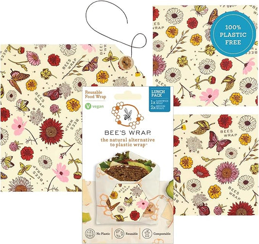 Bee's Wrap Vegan Beeswax Wraps for Food - 3 Pack of Assorted Beeswax Wraps - 2 Medium & Sandwich Wrap - Plastic Free Made in USA Reusable Natural Food Wrap - Meadow Magic