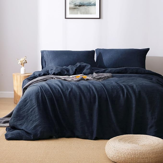 S VICTORY SYMBOL 100% Organic Linen Duvet Cover Set Queen Size,Natural French Linen Bedding Set with Stone Washed,Comforter Cover with Button Closure(Navy) Soft,Breathable