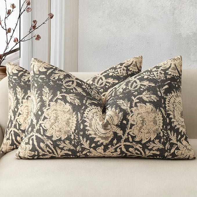 Vintage Floral Print Throw Pillow Covers 12x20 Set of 2 Neutral Modern Farmhouse Pillow Cases Accent Decorative Cushion Covers Boho Home Decor for Couch Sofa Chair Bed Living Room, Black