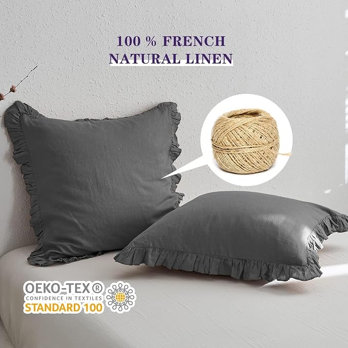 Simple&Opulence 100% Linen Euro Sham Covers with Ruffle, 26x26 Inch Pillow Covers Set of 2, Euro Pillow Shams for Bed Couch French Home Decor Luxury and Breathable Square Pillow Cases, Dark Grey