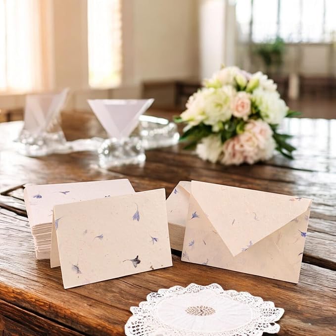 Kathmandu Valley Co. 50 Vintage 4x6 Handmade Lokta Paper Nepali Cherish Greeting Cards & Matching Decorative Flower Petal Envelopes. Folded blank cards. Handmade In Nepal. (Cornflower)