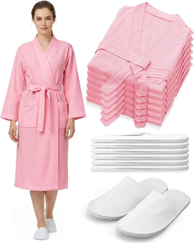 Jecery Waffle Bathrobe and Slippers Bulk Set Spa Robes Hotel Bath Lightweight Thin Commercial Soft for House Shower Party