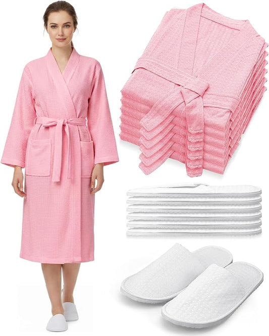 Jecery Waffle Bathrobe and Slippers Bulk Set Spa Robes Hotel Bath Lightweight Thin Commercial Soft for House Shower Party