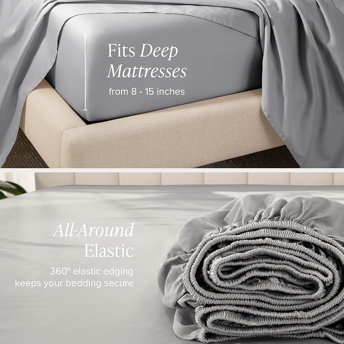 Bare Home 100% Organic Cotton Twin Extra Long Sheet Set - 400 Thread Count - Smooth Sateen Weave - Breathable & Cooling - Hotel Luxury Set - Deep Pocket Bed Sheets (Twin XL, Light Grey)