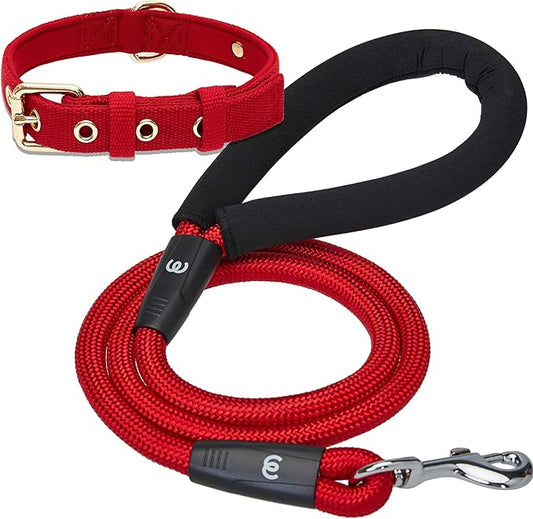 Blueberry Pet Classic Matching Dog Collar & Rope Leash Set in Red, Adjustable Neoprene for Small Dogs - Puppy Essentials, Heavy Duty Rope Dog Leashes, 4 ft Leash, Award Winning Brand