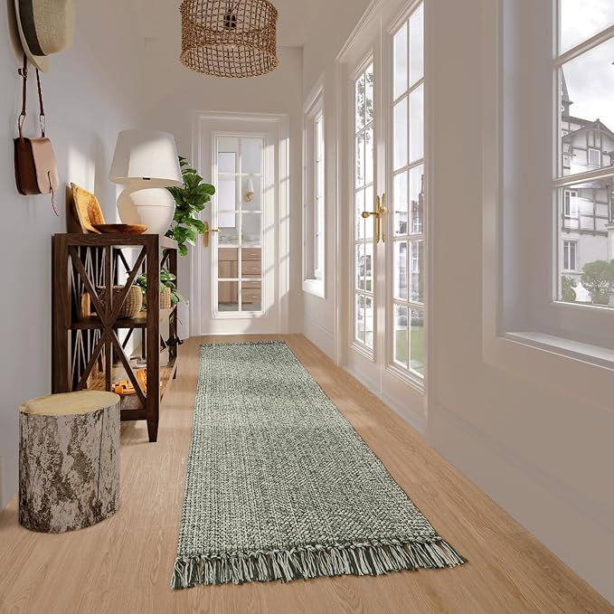 Collive Washable Boho Carpet Runners for Hallway 2.6x12ft, Farmhouse Long Rugs for Kitchen Cotton Hand Woven Bedroom Runner Rug Olive Green/Cream Low Pile Natural Floor Carpet for Indoor Hall Entryway