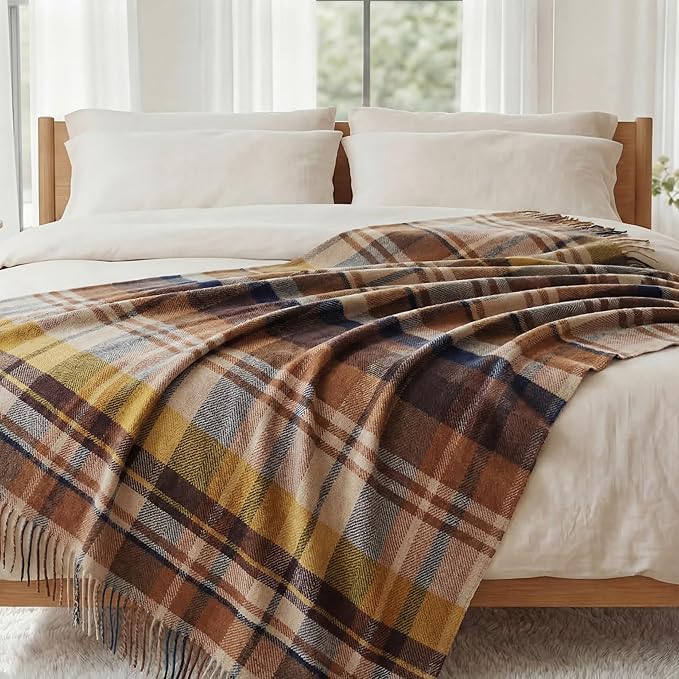 Soft Pure Wool Throw Blanket, Lightweight Warmth, 55"x83", Plaid, Fringe, Compact with Bag, Useful Gift for Women Men, All Season Decorative Cozy Travel Blanket for Couch Bed, Outdoors