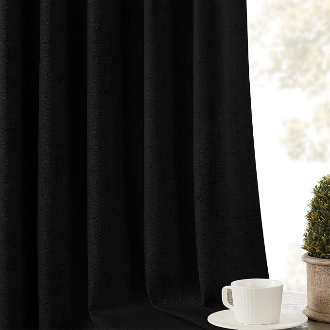 CUCRAF Linen 100% Blackout Curtains 84 Inch Length 2 Panels Set, Back Tab and Rod Pocket Curtain for Living Room Bedroom, Room Darkening Window Drapes Thermal Insulated, (52x84 inch, Black)