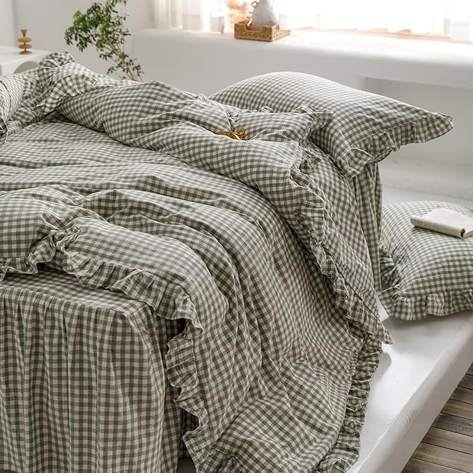 mixinni Green Ruffle Duvet Cover King Size 3 Pieces – 100% Washed Cotton, Vintage Plaid Ruffled Bedding Set with Zipper Ties, Soft Checkered Grid Farmhouse Chic Comforter Cover Set
