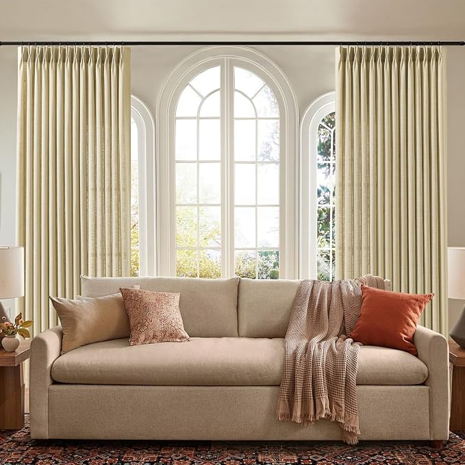 IVAPUPU 60 Inch Extra Width Pinch Pleat Curtains for Living Room, Linen Sheer Pleated Curtain Light Filtering Privacy Back Tab Drapes with Hooks Rings for Sliding Door, 1 Panel, W60xL102, Grey Beige