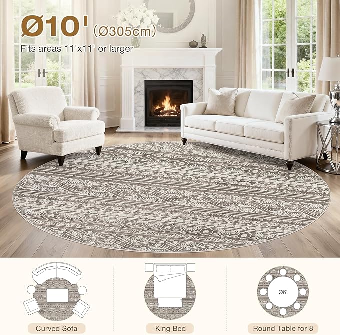 Tortania 10' Round Area Rug Living Room Rugs - Washable Large Soft Neutral Boho Moroccan Bohemian Farmhouse Rug Indoor Floor Carpet for Bedroom Under Dining Table Home Office Decor - Dark Brown