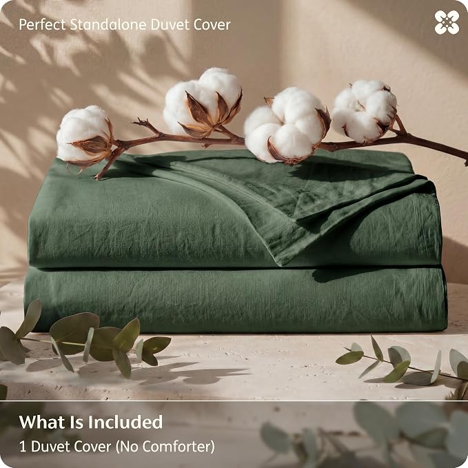 Bedsure Duvet Cover King Size - 100% Washed Cotton, Linen-Like Minimalist Bedding - PureWoven Plain Soft Comforter Cover for All Seasons, 1 Duvet Cover Only (Olive Green, 104" x 90")
