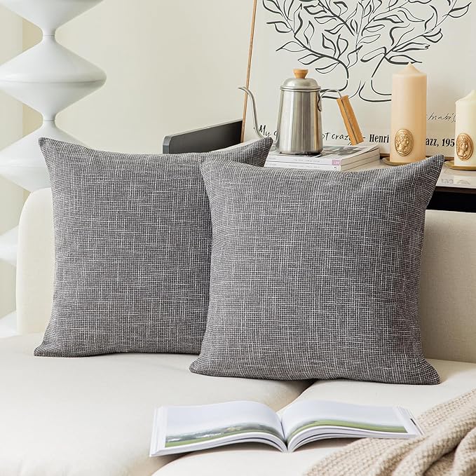 Kevin Textile Star Linen Dark Grey Pillow Covers, Square Farmhouse Pillowcase, 22x22 Inches Decorative Throw Cushion Case for Chair Couch Sofa Bed, 2 Pack