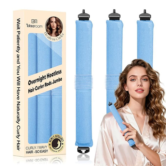 BLAAROOM Overnight Heatless Hair Curler, Upgraded with Hair Pad Grippers Satin Jumbo Flexi Blowout Curls Rods, 3pcs No-Heat Styling Tools Curling Rod to Sleep in for All Hair Types - Blue