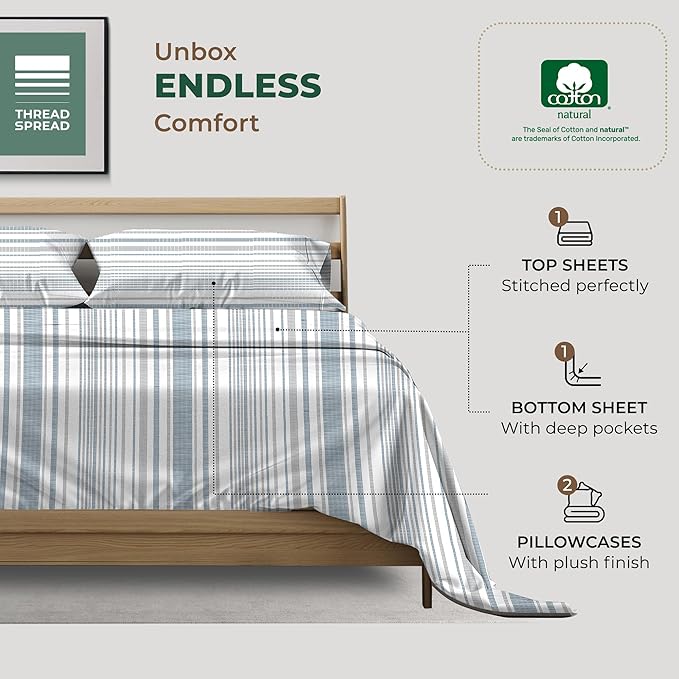 THREAD SPREAD 100% Organic Cotton Sheets Queen Size - Organic Cotton Percale Weave Sheet Set (4 PC, Dotted Stripe), Soft, Cooling, Crisp & Breathable, 16" Deep Pocket Hotel Quality Bedding Set