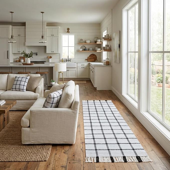 PEARL+CREEK Flenn Checkered Rug Runner Handwoven Cotton Washable 2x8ft, 1PC