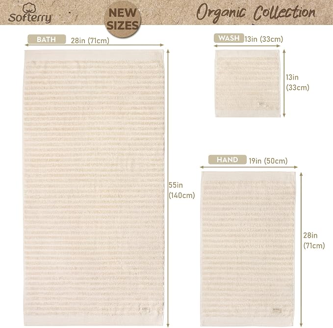 Softerry Pure Organic Cotton Bath Towel Set - 100% Soft Cotton - Extra Absorbent and Durable - 500 GSM Quick Dry - Luxury Hotel & Spa Quality - Fade Resistant - Eco Friendly (Natural, Set of 8)