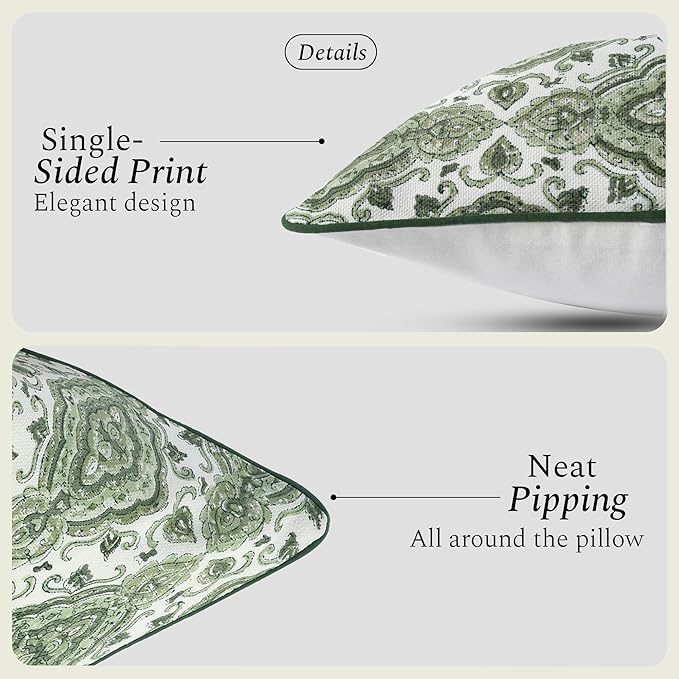 CPC Laurel Green Block Print Throw Cushion Cover 18 x 18 Inch Set 2 - Decorative Boho Floral Pillow Case for Living Room, Bed, Sofa, Couch, Home Decor Cushion Cover Gift for Spring, Mother's Day