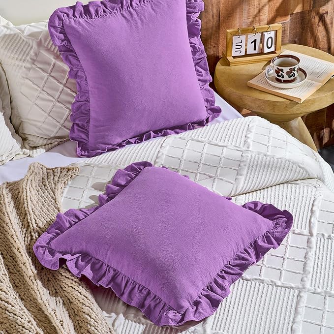 AmHoo Pack of 2 Throw Pillow Covers 100% Cotton Pre Washed Ruffle Decorative Pillowcase Cushion for Couch Sofa Bedroom 20 x 20-Inch Iris Orchid