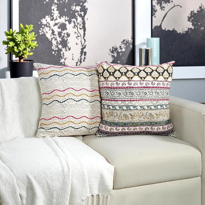 Ridhi Hand Block Print Neutral Ivory Grey Cotton TNT Cushion Cover 18x18 Decorative Throw Pillow Cover for Sofa, Living Room, Bedroom Decor, Soft, Cushion Case for Spring, Easter