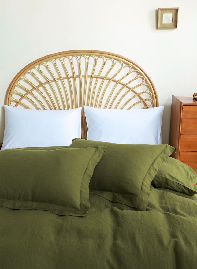 100% French Flax Linen Duvet Cover Set, Full Size 78''x86'' 3 Pcs with 4 Corner Ties and Button Closure, Soft and Breathable for All Season(Olive Green, Full)