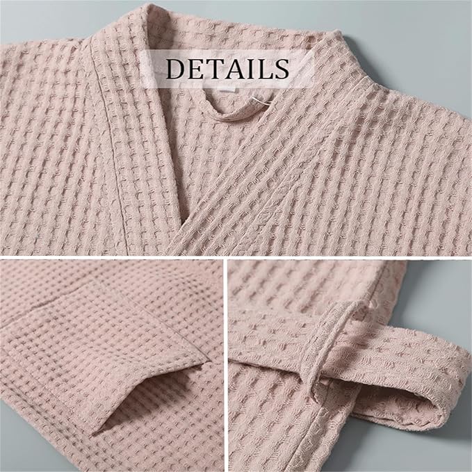 Waffle Bathrobe for Men Women, 100% Cotton Kimono Robes with Pockets & Belt, Soft Absorbent Knee-Length Robe for Bath Spa