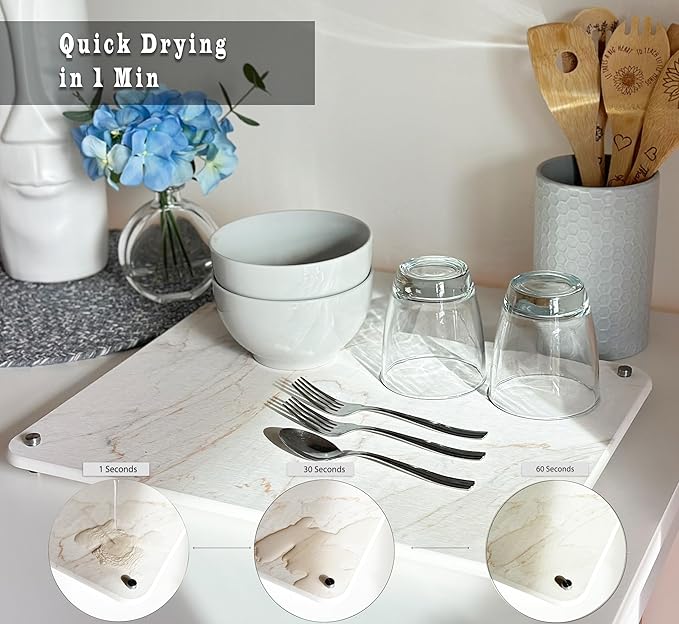 Generic Stone Drying Mat for Kitchen Counter Marble Pattern, 14x18 Inches, Diatomaceous Earth, Medium-Large, White