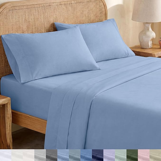 California Design Den Twin XL Sheets Set - Soft 100% Organic Cotton Sheets, Crisp and Cool Percale, Deep Pockets with Anti-Skid Elastic, Breathable and Durable Bedding for Dorm Room - Light Blue