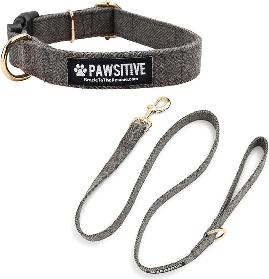 Pawsitive Wool Dog Collar - Hypoallergenic Dog Collar, Great Dog Collar for Sensitive Skin, Soft Collar for Dogs, Soft Organic Dog Collar Eco-Friendly (Large, Gray & Leash)