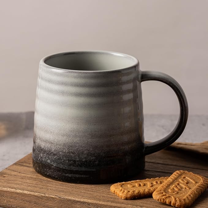15.5 Oz Large Reactive Glaze Ceramic Mug, Heavy Weighted Stoneware Coffee Cup, Wide Base, Thick Wall Big Tea Cup with Custom Package Box, Microwave & Dishwasher Safe (Grey Black)