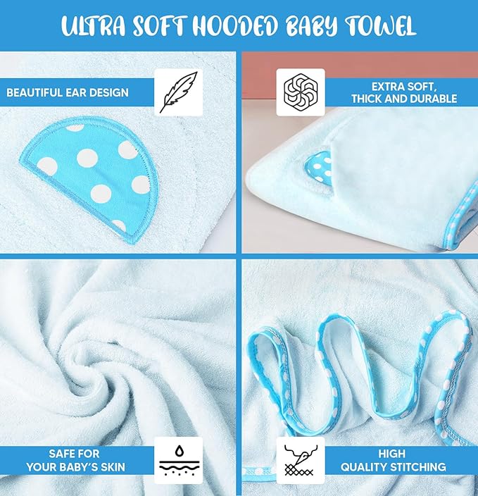 Set of 2 Hooded Baby Towels – Blue – Luxurious, Large and Super Absorbent – 30 x 30 Inch – Soft and Suitable for Infants, Toddlers and Kids – 400 GSM