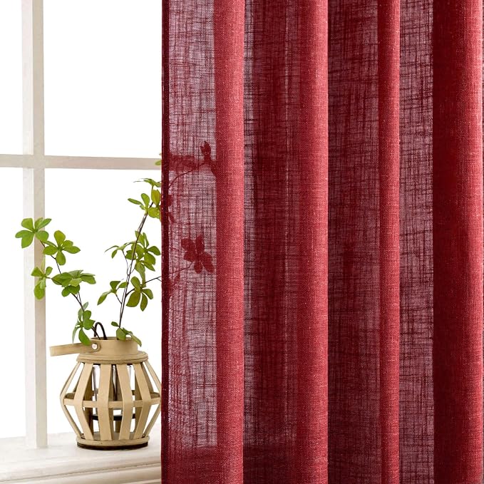 MIULEE Burgundy Red Kitchen Curtains 36 Inch Length 2 Panels, Soft Thick Linen Textured Semi Sheer Light Filtering Short Cafe Tier Curtains for Small Half Window Back Tab Rod Pocket Christmas Decor