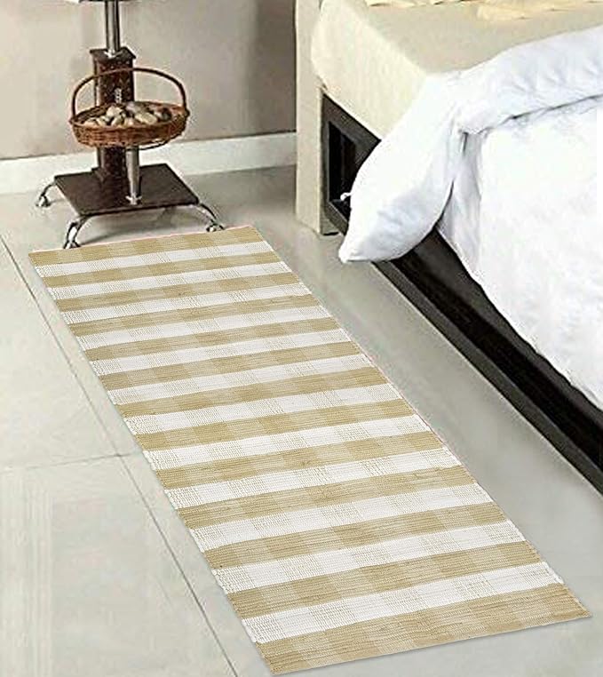 GLAMBURG Cotton Reversible Area Runner Rug 2' x 6' for Bedroom Living Room Kitchen Hallways Front Porch Laundry Room, Handwoven Farmhouse Floor Mat, Washable Checkered Plaid Runner Rug Beige Natural