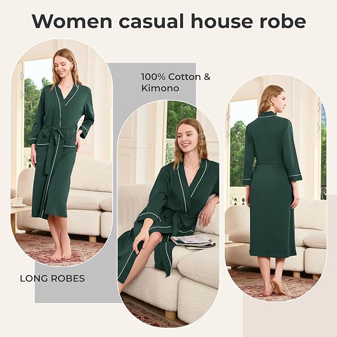 HEARTNICE Womens 100% Cotton Robe, Soft Kimono Spa Long Bathrobe Lightweight Loungewear