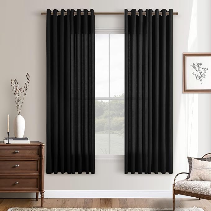 Black Bedroom Curtains 63 Inch Length 2 Panel Faux Linen Blend Privacy Light Filtering Semi Sheer Black Linen Drapes for Living Room Modern Farmhouse Grommet Window Curtain for Home Office 52x63