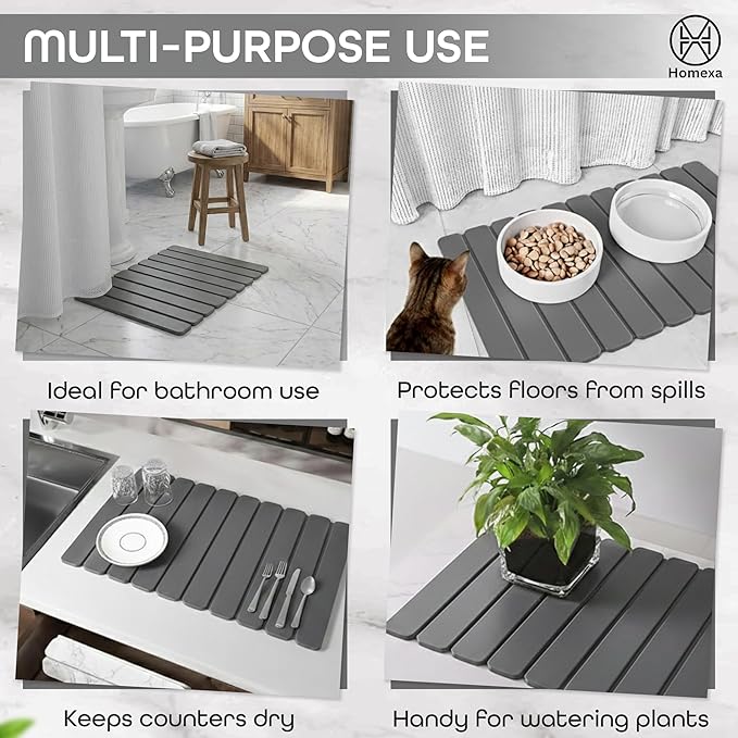 Stone Dish Drying Mat 24" x 16" – Dish Drying Stone Mat – Large Diatomaceous Earth Drying Mat with Non-Slip Base – Quick Dry Kitchen Drying Pad for Dishes, Glassware & Bottles (Solid Dark Grey)