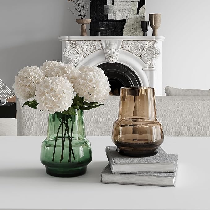 Relexome Amber Glass Vase Bud Flower Vase with Modern Design, Brown Wide Mouth Decorative Vase Gift for Home Decor, Living Room, Dining Table, Entryway, Shelf, Wedding, Office, 7.3 Inch (Amber)